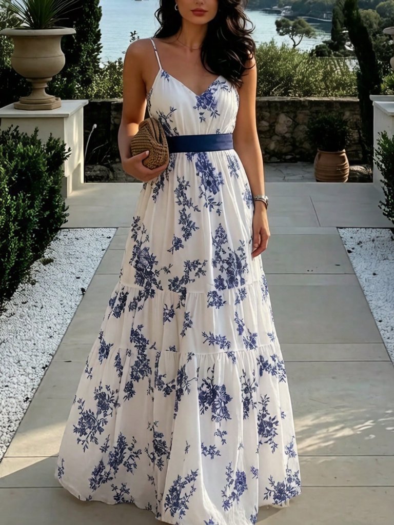 Multicolor Boho Women's Elegant Floral Sleeveless V-Neck Dress With Bowknot Back